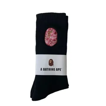 A Bathing Ape Black Long Tube Pink Embroidery Socks