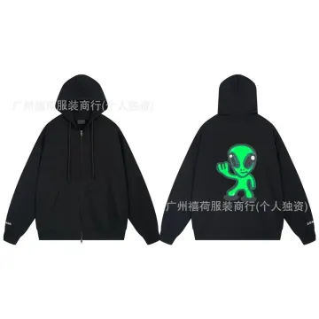 Black Zip-Up Hoodie with Green Alien Graphic