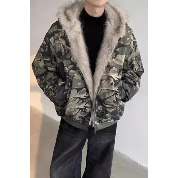 Camouflage Puffer Parka with Faux Fur Collar