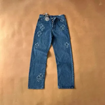 Chrome Hearts Cross Blue Frayed Hem Cross Jeans