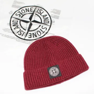 Stone Island Ribbed Knit Beanie in Burgundy