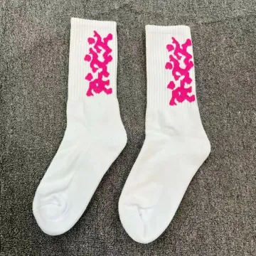 White Socks with Pink Abstract Graphic Design